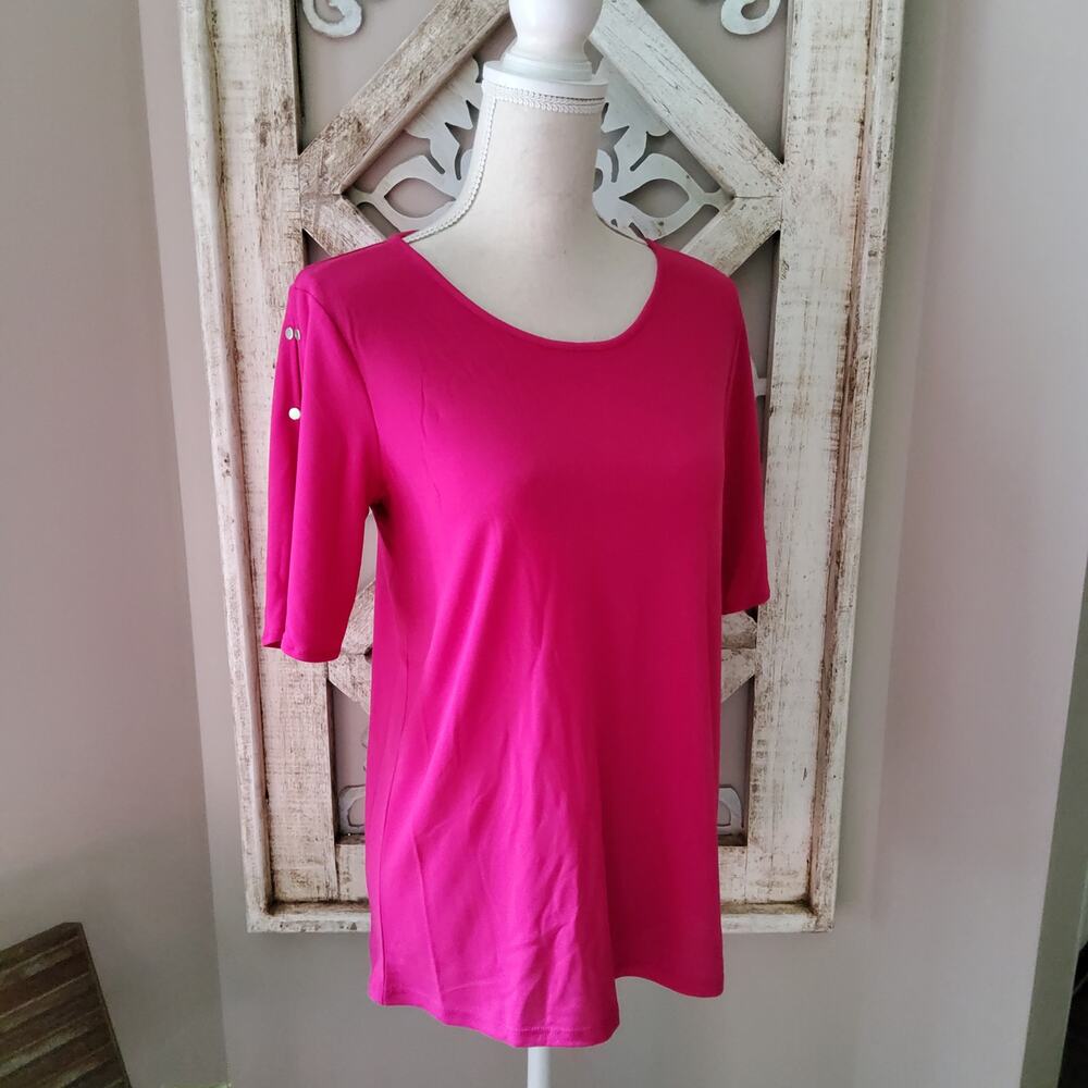 Verve Ami Womens Short Sleeve Pullover Blouse Top with Sleeve Detail Hot Magenta